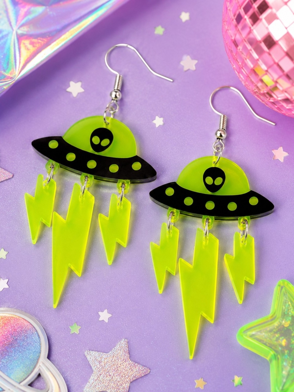 Neon Green UFO Lightning Bolt Alien Spaceship Dangle Earrings New
